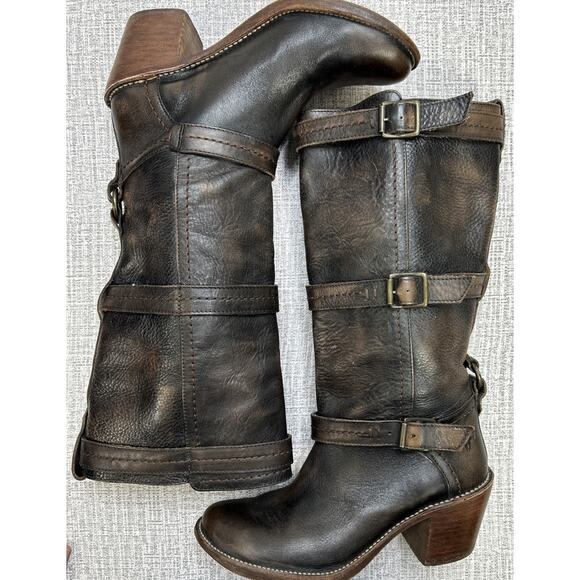 Frye Carmen 3 Strap Riding Buckle Saddle Brown Pull On Leather Boots Women 7B - Picture 3 of 14